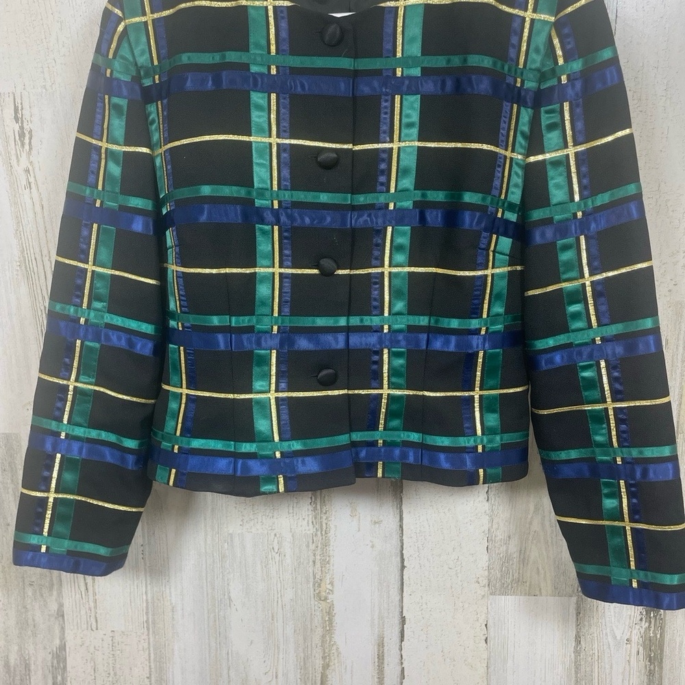 Talbots Vintage Black Multi Plaid Ribbon Jacket size 8 Christmas Holiday Festive - Picture 4 of 9